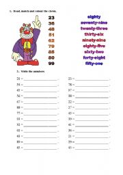 English Worksheet: numbers 20 -99