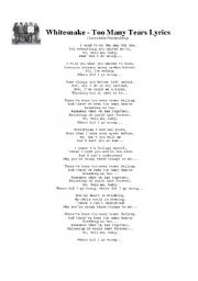 English worksheet: Too Many Tears - Whitesnake