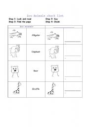 English worksheet: Zoo animals check list