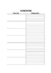 English worksheet: Homework assignment sheet