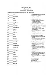 English Worksheet: Of Mice and Men Chapter 1 Vocabulary Worksheet