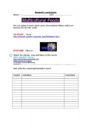 English Worksheet:  International Food. Reading and Writing.