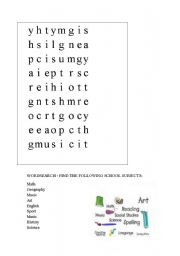 English worksheet: School subjects wordsearch