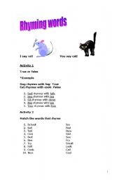 English Worksheet: Rhyming words- I say rat! You say cat!