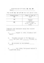 English Worksheet: Expressions of Time: On, In At -- European Exploration