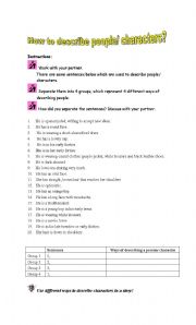 English Worksheet: How to describe characters ? (Worksheet 2) (Attached to the ppt) 
