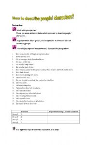 English worksheet: How to describe characters ? (Worksheet 2) (Attached to the ppt) 