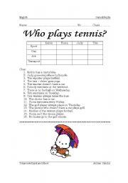 English worksheet: Who plays tennis