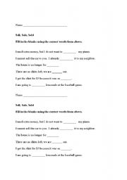 English worksheet: Sell/Sale/Sold