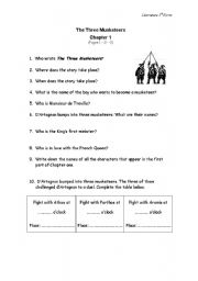 English Worksheet: The Three Musketeers Chapter 1 