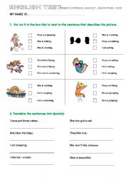 English Worksheet: TEST have got, like dont like, present continuous, food