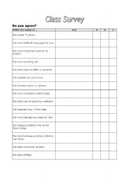 English Worksheet: Class Survey - Do you agree?