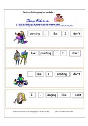 English Worksheet: Hobbies- Sentence Building