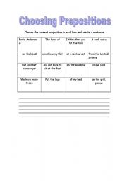 English worksheet: choosing prepositions