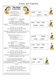 English Worksheet:    Alicia Keys No One Listen to the Song and Complete