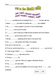 English Worksheet: Modals can/cant ; must/mustnt ; need ; might