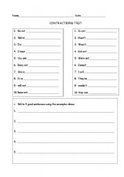 English worksheet: Contractions Test