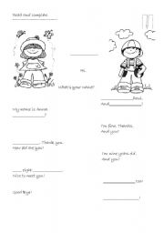 English Worksheet: Greetings. Read and Complete
