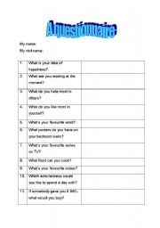 English Worksheet: A questionnaire - Introducing oneself