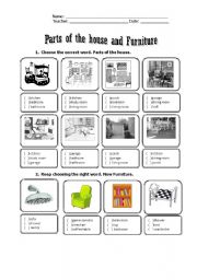 English Worksheet: Parts of the house and Furniture