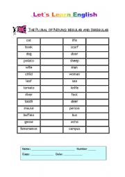 English Worksheet: The Plural of Nouns: Regular and Irregular