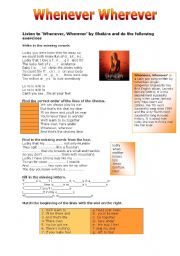 English Worksheet: Whenever Wherever by Shakira