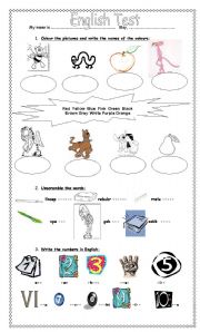 English Worksheet: A test on colours, school objects and numbers
