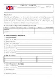 English Worksheet: Test 5th grade Personal identification