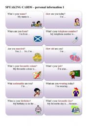 English Worksheet: SPEAKING CARDS - personal questions 1