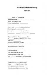 English Worksheet: SONG YOU WANT TO MAKE A MEMORY  - BON JOVI