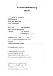 English Worksheet: SONG YOU WANT TO MAKE A MEMORY  - BON JOVI