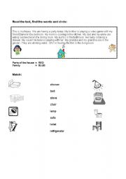 English worksheet: parts of the house, furniture and family