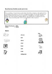 English Worksheet: parts of the house, furniture and family