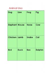 English worksheet: animal uno