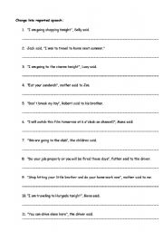 English Worksheet: Change into reported speech2