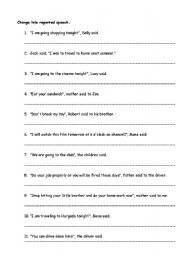 English worksheet: Change into reported speech2