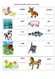 English Worksheet: animals unscramble words