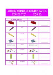 English Worksheet: school things checklist (part I)