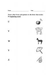 English worksheet: Begining Consonants (U-Z)