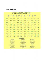 English Worksheet: WORDSEARCH: WHICH COUNTRY ARE YOU?
