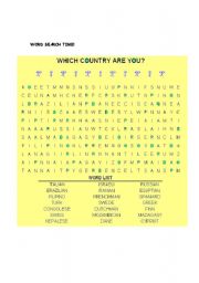 English worksheet: WORDSEARCH: WHICH COUNTRY ARE YOU?