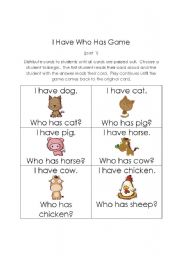 English Worksheet: I Have Who Has Animal Game