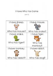 English Worksheet: I Have Who Has Animal Game Part 2