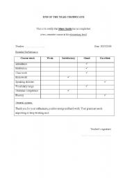 English Worksheet: END OF THE YEAR CERTIFICATE