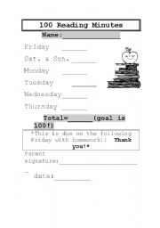 English worksheet: 100 Reading Minutes weekly log