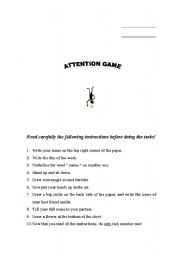 English worksheet: Attention game