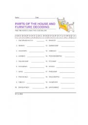English worksheet: PARTS OF THE HOUSE AND FURNITURE DECODING