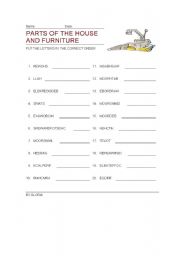 English worksheet: PARTS OF THE HOUSE AND FURNITURE WORD JUMBLES