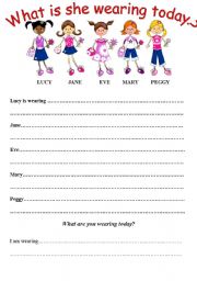 English Worksheet: What is she wearing today?