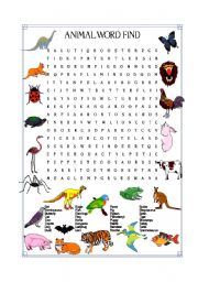 English Worksheet: ANIMAL WORD FIND